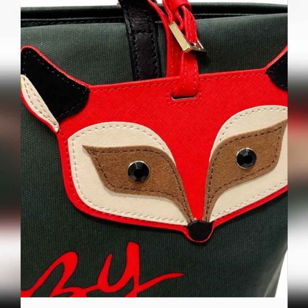 kate spade green canvas tote with red fox charm and script
